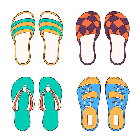 Male shoes collection for summer and home in cartoon style. Flat, sketch casual footwear for man. Vector illustration isolated on a white background.のイラスト素材
