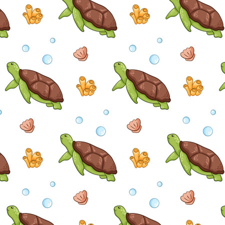 Oceanic turtle seamless pattern in cartoon style. Design turtles floating in the sea, perfect for wallpaper, fabric. Vector illustration on a white background.のイラスト素材