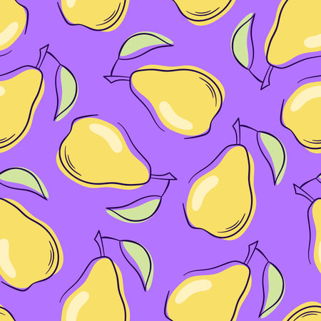 Pear seamless pattern in outline style. Colorful design for wallpaper, package, textile. Vector illustration on violet background.のイラスト素材