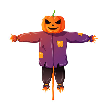 Scarecrow character with pumpkin head in cartoon style. Scarecrow for halloween and scare away birds from the harvest. Vector illustration isolated on a white background.のイラスト素材