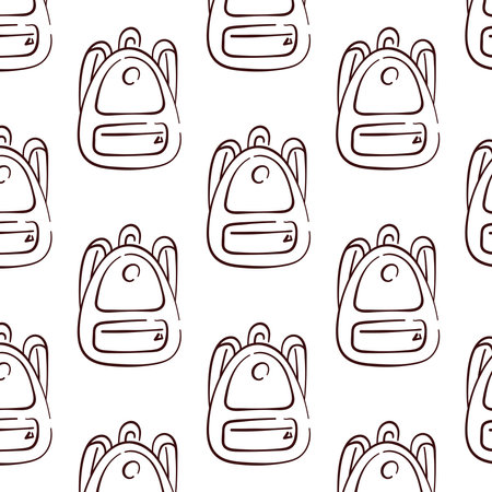 Seamless pattern with backpack in doodle style. Back to school sketch design for study. Vector illustration isolated on a white background.のイラスト素材