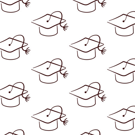 Graduation hat seamless pattern in line art style. Doodle college, study, university sign. Vector illustration on a white background.のイラスト素材