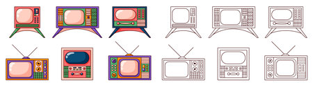 Retro TV set in pop cartoon style. Line art vintage pink collection with screen for coloring book design. Vector illustration isolated on a white background.のイラスト素材