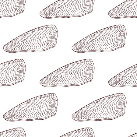Salmon slice pattern in line art style. Design for menu cafe, restaurants, shops, market, packages. Vector illustration on a white background.のイラスト素材