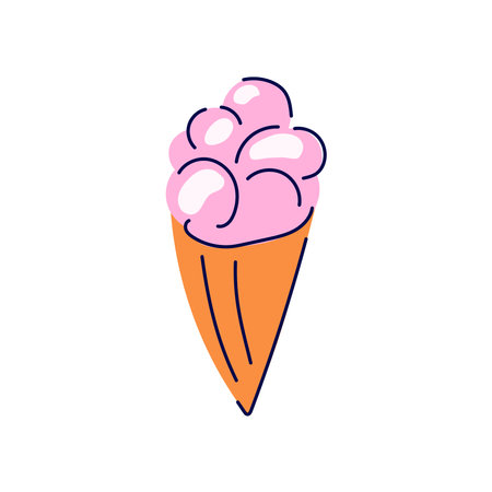 Ice cream pink in waffle cone in cartoon style. Strawberry dessert design. Vector illustration isolated on white background.のイラスト素材