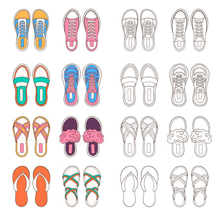Big Female shoes collection in line art style. Footwear design for coloring book. Vector illustration isolated on a white background.のイラスト素材