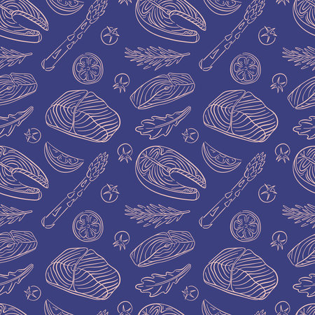 Seamless pattern with Salmon steak and ingredients in line art style. Tomato, lemon, rosemary, arugula, asparagus. Fish and vegetables design for menu, wallpaper, textile, wrapping. Blue background.のイラスト素材
