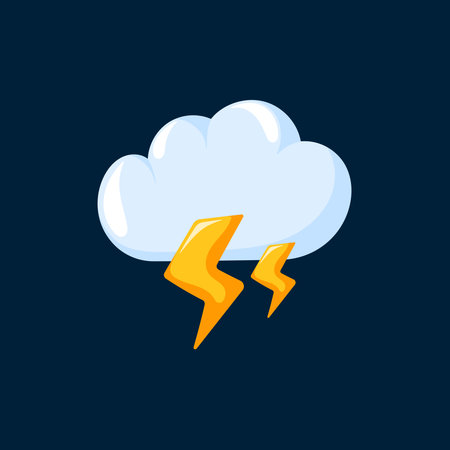 Weather icon of thunderstorm cloud with Lightning in cartoon style on a dark blue background.のイラスト素材