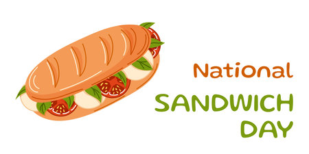 Sandwich with tomatoes, basil and mozzarella flat. Celebrating National Sandwich Day November 3. Design for holiday , food project and seasonal events.のイラスト素材