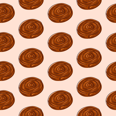 Seamless pattern of cinnamon rolls in flat style. Design for bakery, packaging, wallpapers or fabric prints.のイラスト素材