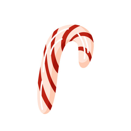 Christmas Candy Cane with red and white stripes in cartoon style. Holiday icon for greeting cards. Isolated on a white background.のイラスト素材