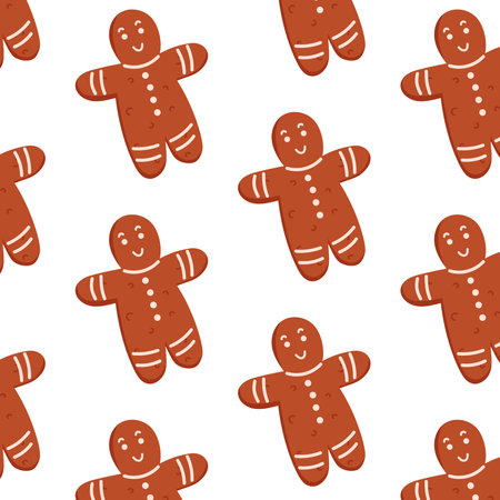Seamless pattern with smiling gingerbread man in flat style. Perfect for Christmas, holiday decor and festive wrapping paper. Cute and playful design for seasonal project and food related item.のイラスト素材