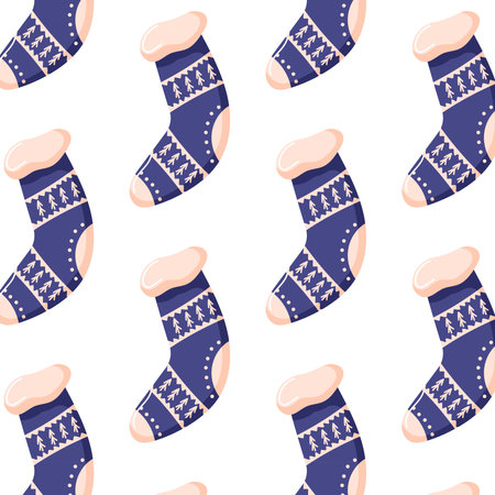 Seamless pattern with cozy Christmas socks in blue with festive tree and geometric designs. Flat style. Ideal for holiday wrapping, textiles or seasonal decorations in a cute winter theme.のイラスト素材
