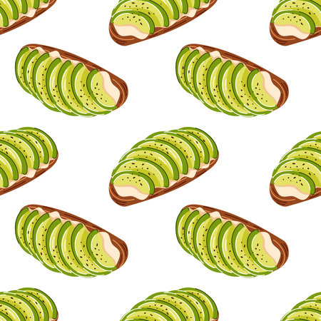 Seamless pattern with avocado toast slice in flat style. Perfect for healthy food design, restaurant menu, kitchen decor or packaging. Ideal for food related project and branding.のイラスト素材