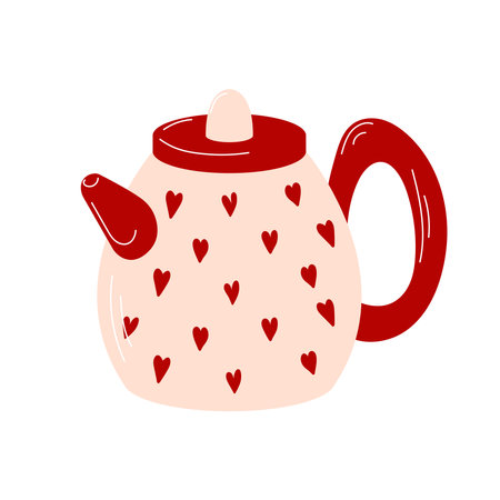 Charming and cozy teapot with red heart patterns in flat style. Perfect for Valentines Day theme, kitchen decor and tea related designs,, prints, cards, and digital art.のイラスト素材