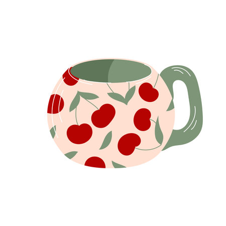 Charming tea cup with cherry and leaf ornament in flat style. Isolated on a white background.のイラスト素材