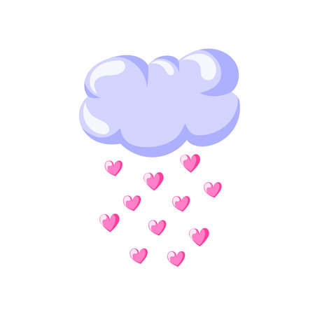 Rain drops cloud with heart in cartoon style. Design for nursery, card and Valentines day. Isolated on white background.のイラスト素材