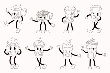Set of groovy drink character in line art style. Perfect for cartoon retro design, branding, coloring books or playful beverage related design.のイラスト素材