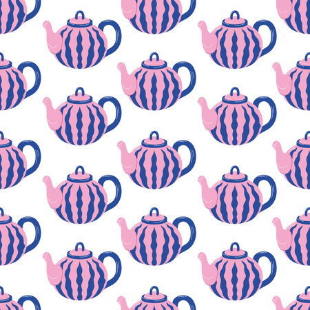 Seamless pattern of pink and blue teapots with wavy stripe design on a white background in fat style. Perfect for fabric, gift wrap, wallpaper or project with a fun and vibrant theme.のイラスト素材