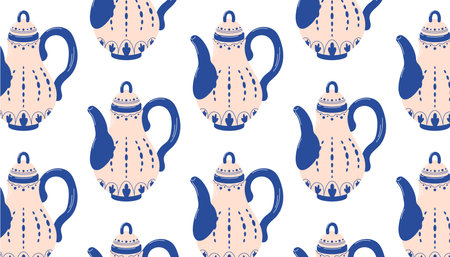 Seamless retro kettle pattern in flat style. Background for paper, packaging, fabric, menu, cafe, bakery, tea party, card design.のイラスト素材