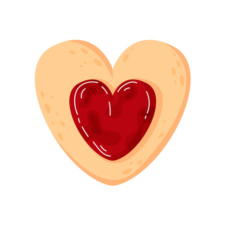 Heart shaped cookie with strawberry jam in cartoon style. Sweet love symbol of linzer cookie for Happy Valentine Day holiday. Icon for bakery isolated on white background.のイラスト素材