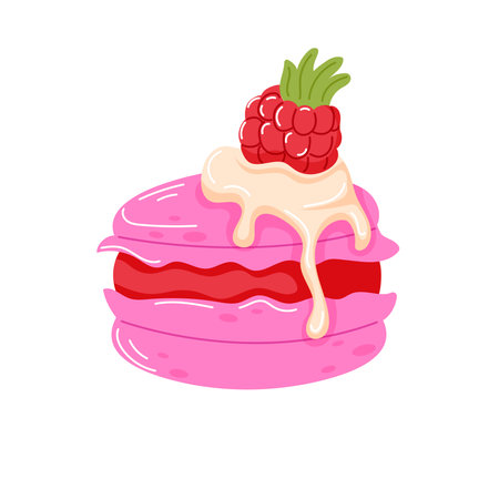 Pink macaroon with spreadable cream and raspberry on top in cartoon style. Valentine Day design for bakery, cafe menu. Vector illustration isolated on a white background.のイラスト素材