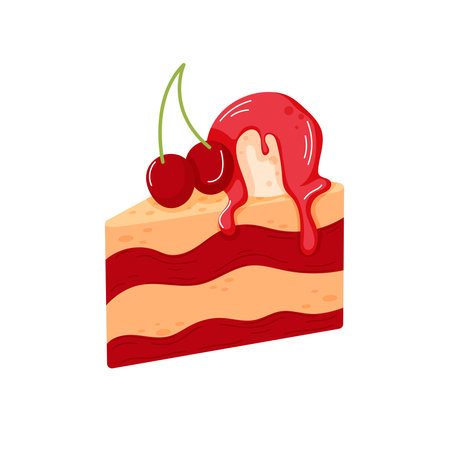 Slice of layered cherry cake with red filling, topped with cherries and dripping glaze in cartoon style. A sweet dessert perfect for celebration, romantic theme or festive occasion.のイラスト素材