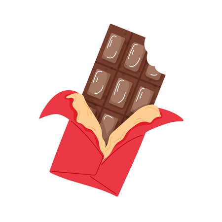 Bitten chocolate bar in a vibrant red wrapper in mocha mousse color. Cartoon style sweet treat for Valentines Day themes. Isolated on white background.のイラスト素材