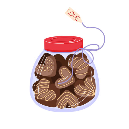Jar filled with heart shaped chocolate in cartoon style. Perfect for Valentines Day, romance themed project or bakery. Isolated on white background.のイラスト素材