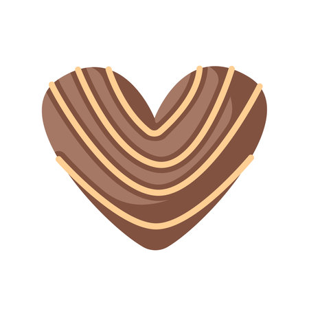 Heart shaped chocolate candy in mocha mousse color with layered caramel stripes in flat style. A sweet dessert illustration for Valentines Day, card, packaging and festive decoration.のイラスト素材