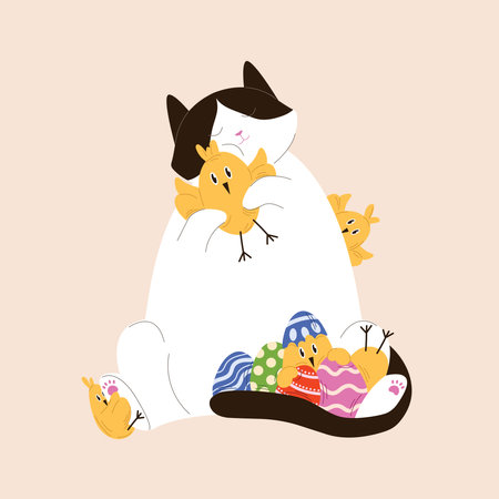 Cute tuxedo cat cuddling yellow chicks and surrounded by colorful Easter eggs in flat style. Perfect for spring, Easter themed design and holiday decoration.のイラスト素材