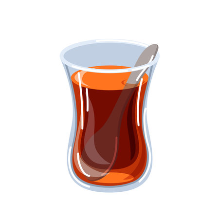 Traditional Turkish tea served in tulip shaped glass with spoon cartoon style. Perfect for beverage design, Turkish culture theme, cafe, restaurant menu or tea project. Isolated on white background.のイラスト素材
