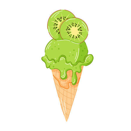 Green kiwi ice cream cone with juicy slices on top and creamy texture dripping down the waffle cone in cartoon style. Fruity dessert ideal for summer food package and menu cafe design.のイラスト素材