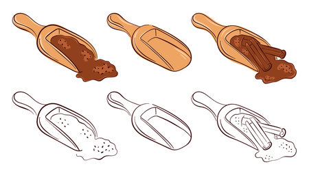 Collection of wooden scoop filled with cinnamon powder and stick in flat style. Perfect for cooking, spice packaging, recipe book and culinary design theme.のイラスト素材