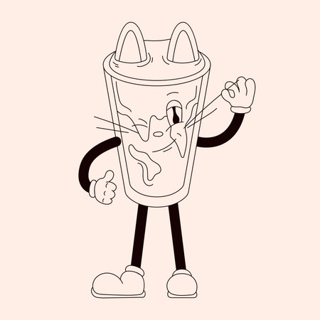 Groovy drink cat character in shape of Iced cold brew coffee with ears and whiskers in line art style. Retro mascot isolated on a light background.のイラスト素材