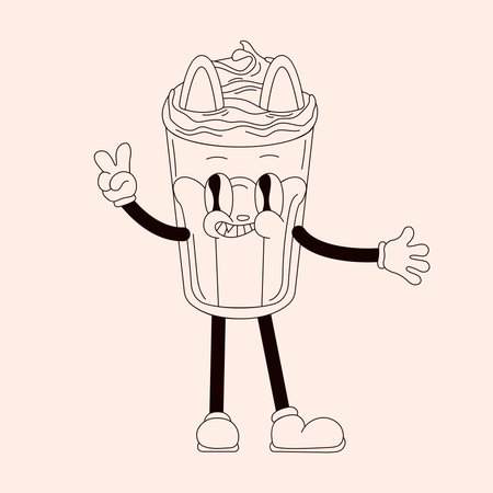 Groovy drink cat character in shape of frappe iced coffee in line art style. Cartoon mascot isolated on a light background.のイラスト素材