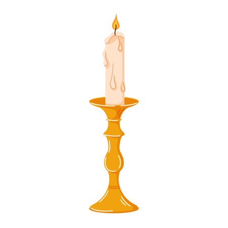 Vintage wax candle in candlestick with melting drip on golden candle holder isolated on white background in cartoon style. Perfect for romantic, spiritual decor, holiday design, cozy home illustrationのイラスト素材
