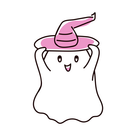 Cute doodle ghost wearing a pink witch hat, smiling and raising arms isolated on white background. Playful Halloween illustration for kids.のイラスト素材