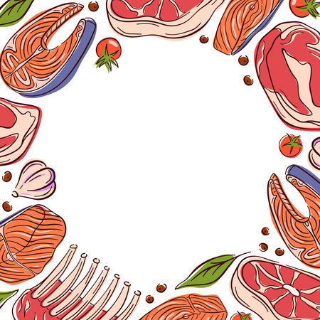 Frame design with hand drawn raw meat, fish, garlic, tomato, pepper and herbs on white background. Perfect for cooking barbecue restaurant and food packaging theme.のイラスト素材