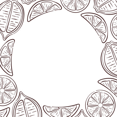Line art style frame with lemon slices on white background. Border for summer design, drink flyers and website banner.のイラスト素材