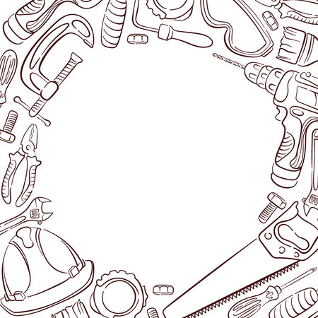 Frame of construction tools including drill, saw, hammer, helmet, pliers and screws on white background. Perfect for banner, flyers, repair service or workshop design.のイラスト素材