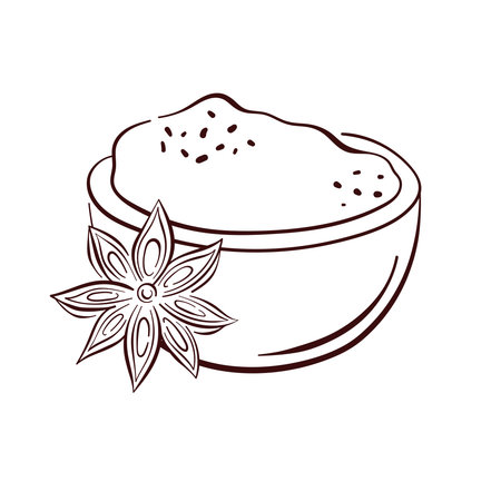 Line art style illustration of a bowl filled with cinnamon spice powder and star anise flower isolated on white background. Perfect for cooking food design and organic product decoration.のイラスト素材