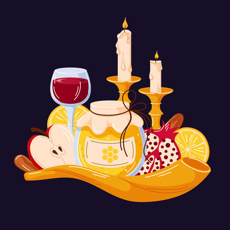 Traditional food illustration for Rosh Hashanah holiday with kiddush wine glass, candles, honey jar pomegranate, apple, dates, candlestick and shofar.のイラスト素材