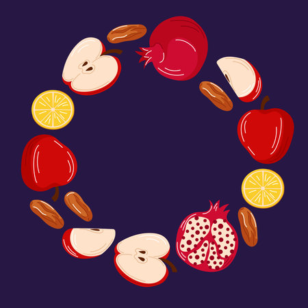 Colorful wreath made of apple, pomegranate, lemon and dates arranged in a circular frame on a dark background symbolizing harvest nutrition and seasonal food design.のイラスト素材