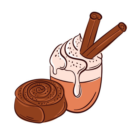 Flat style illustration of cinnamon bun, stick and coffee with whipped cream for bakery menu and packaging design.のイラスト素材