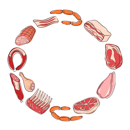 Assorted meat cuts, sausage, ham, bacon, ribs, steak and chicken arranged in a circular frame on white background for culinary and food design themes in flat style.のイラスト素材