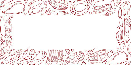 Border frame in line art style with different meats on a white background. Steak, sausage, ribs and vegetable. Perfect for culinary book design, packaging or restaurant menu.のイラスト素材
