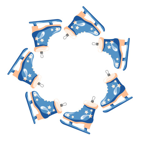 Blue skates Christmas ornament tree toy arranged in a circular wreath pattern on a white background in cartoon style.のイラスト素材