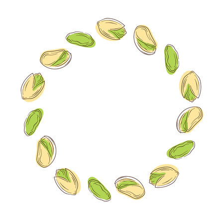 Circular frame with pistachio nut and kernel isolated on a white background. Organic food, healthy eating and natural snacks for package and card in flat style.のイラスト素材