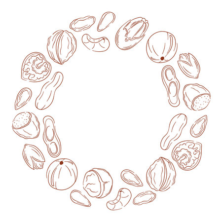 Circular wreath with nut, almond, cashew, peanut, walnut, hazelnut, pistachio, macadamia and pecan in line art style. Design for holiday card.のイラスト素材